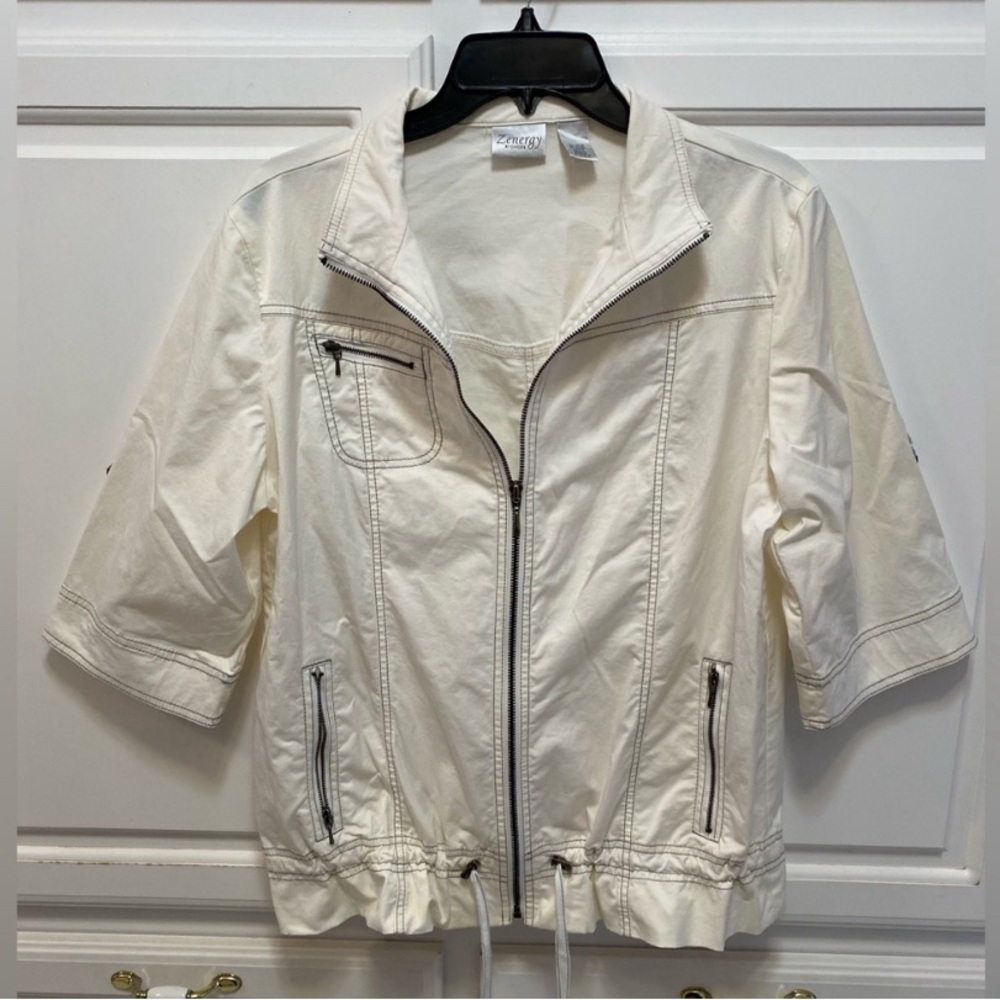 Chico’s Zenergy Jessa Mixed Fabric Off White Zip Up Jacket Size Large Chico’s 2
